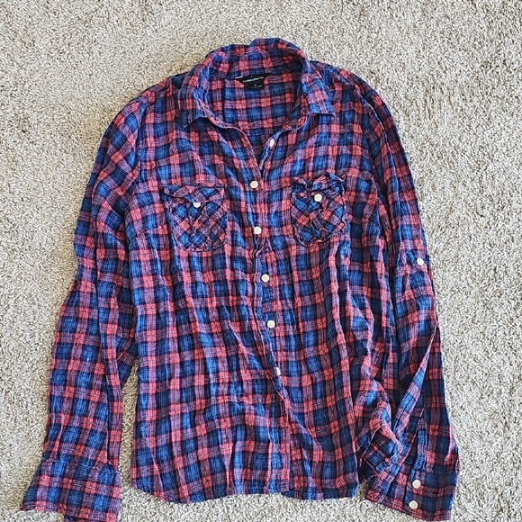 Moda International Red and Blue Plaid Casual Shirt - Picture 1 of 4